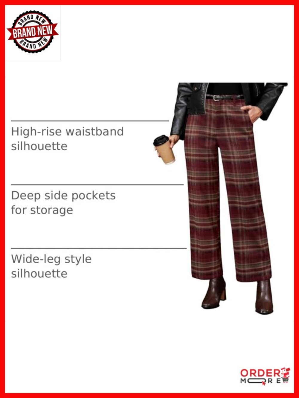 Wide Leg High Waisted Plaid Trousers Elastic Waist Work Pants with Pockets - Picture 3 of 6